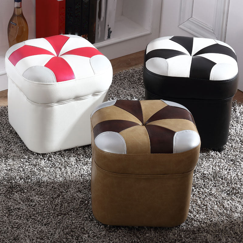 Modern Square Ottoman Contrast Panel Genuine Leather Indoor Footstool Ottoman