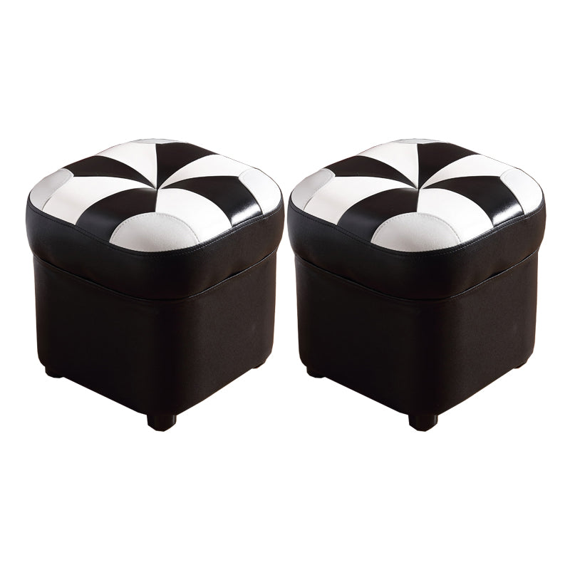 Modern Square Ottoman Contrast Panel Genuine Leather Indoor Footstool Ottoman