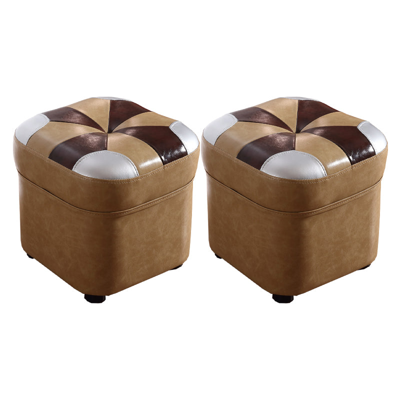 Modern Square Ottoman Contrast Panel Genuine Leather Indoor Footstool Ottoman