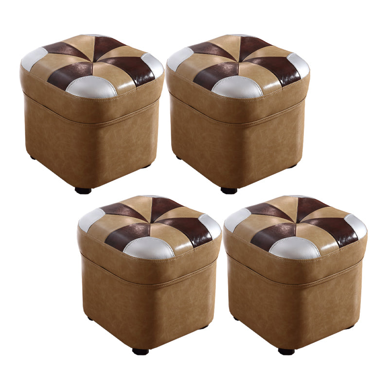 Modern Square Ottoman Contrast Panel Genuine Leather Indoor Footstool Ottoman