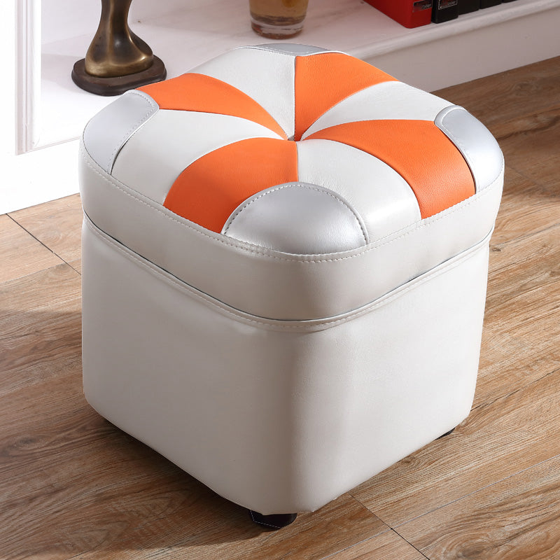 Modern Square Ottoman Contrast Panel Genuine Leather Indoor Footstool Ottoman