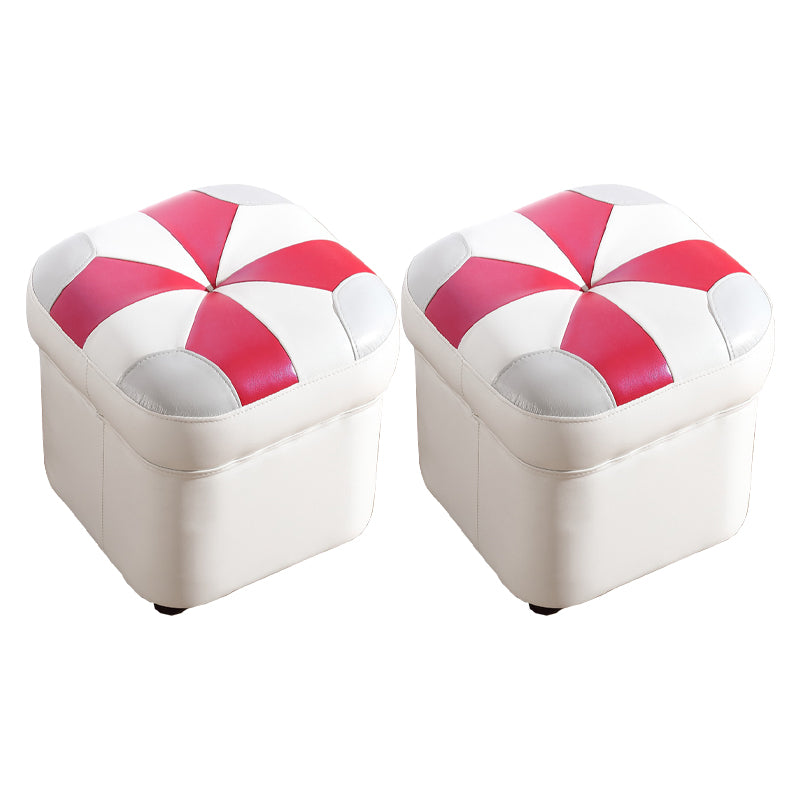 Modern Square Ottoman Contrast Panel Genuine Leather Indoor Footstool Ottoman