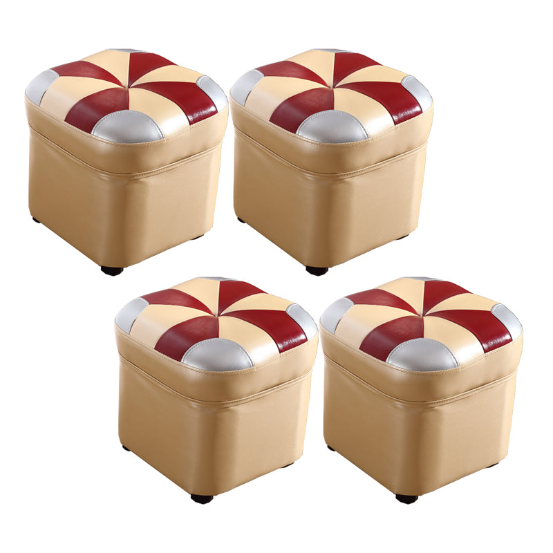 Modern Square Ottoman Contrast Panel Genuine Leather Indoor Footstool Ottoman