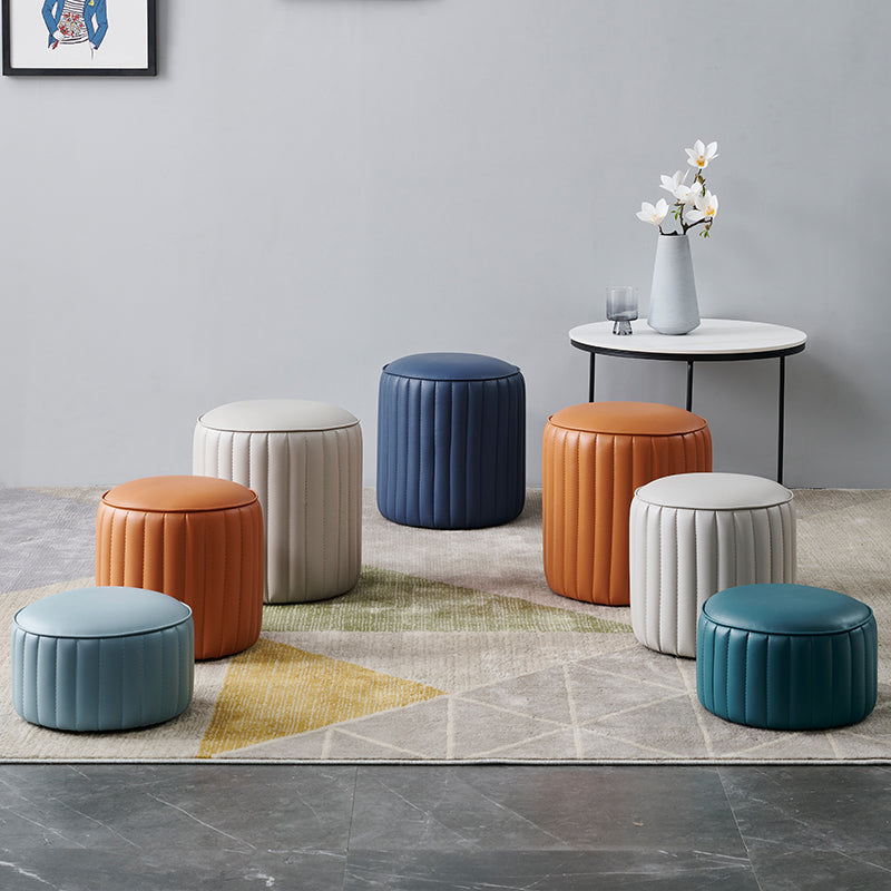 Modern Round Ottoman Pouf Genuine Leather Solid Water Resistant Ottoman for Children