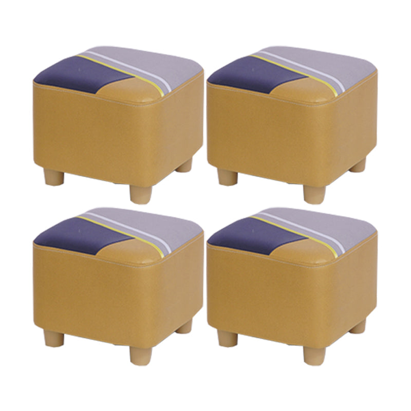 Contemporary Pouf Ottoman Fabric Upholstered Patchwork Solid Wood Frame Square Ottoman