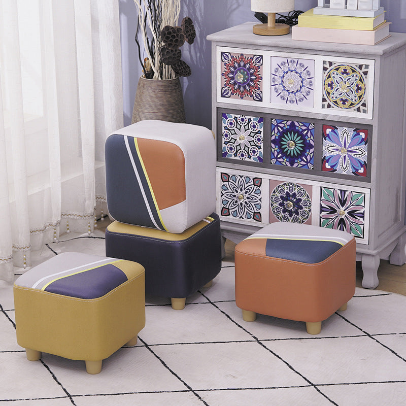 Contemporary Pouf Ottoman Fabric Upholstered Patchwork Solid Wood Frame Square Ottoman