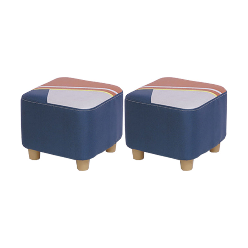 Contemporary Pouf Ottoman Fabric Upholstered Patchwork Solid Wood Frame Square Ottoman