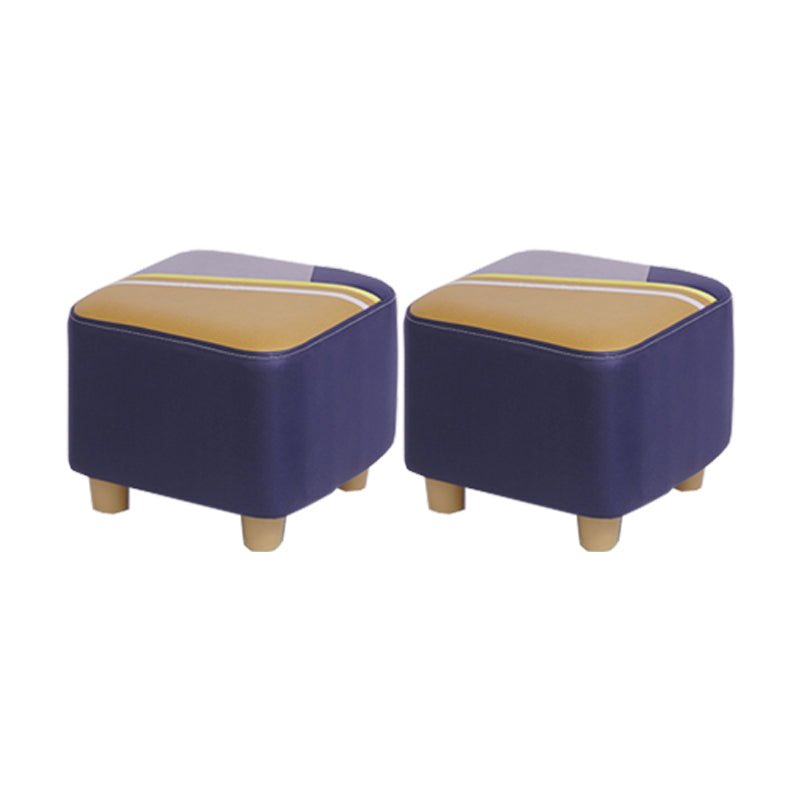 Contemporary Pouf Ottoman Fabric Upholstered Patchwork Solid Wood Frame Square Ottoman