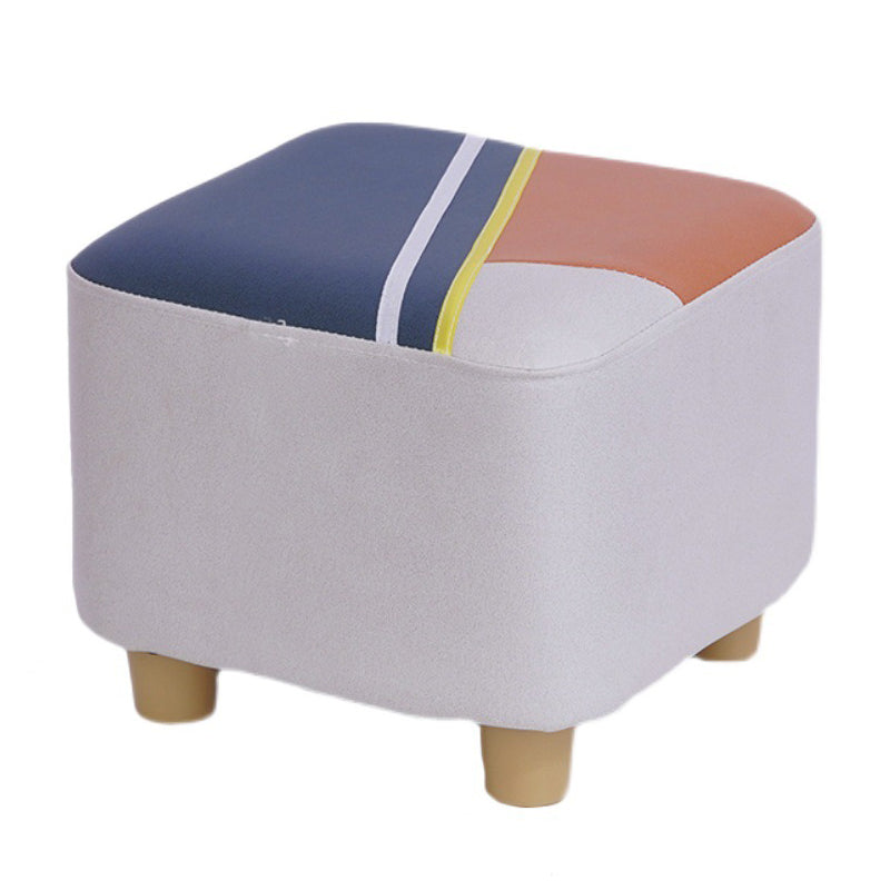 Contemporary Pouf Ottoman Fabric Upholstered Patchwork Solid Wood Frame Square Ottoman