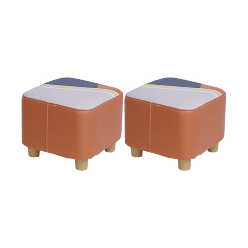 Contemporary Pouf Ottoman Fabric Upholstered Patchwork Solid Wood Frame Square Ottoman