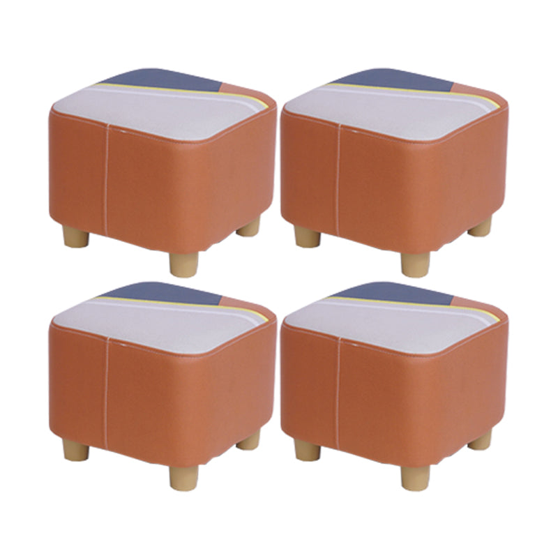 Contemporary Pouf Ottoman Fabric Upholstered Patchwork Solid Wood Frame Square Ottoman