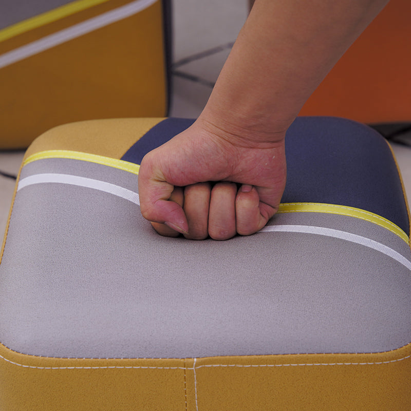 Contemporary Pouf Ottoman Fabric Upholstered Patchwork Solid Wood Frame Square Ottoman