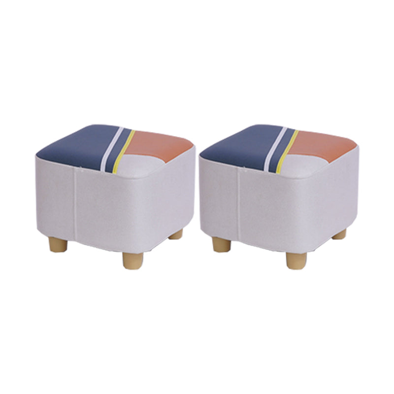 Contemporary Pouf Ottoman Fabric Upholstered Patchwork Solid Wood Frame Square Ottoman