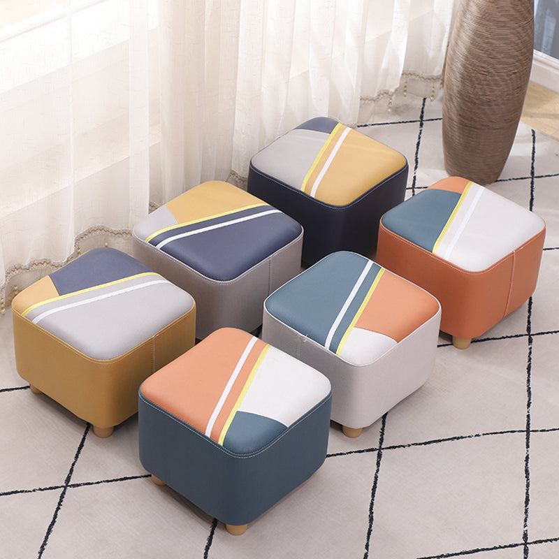 Contemporary Pouf Ottoman Fabric Upholstered Patchwork Solid Wood Frame Square Ottoman
