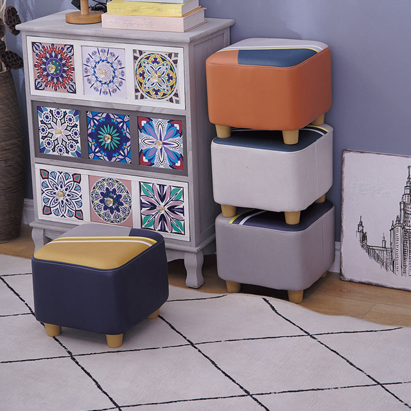 Contemporary Pouf Ottoman Fabric Upholstered Patchwork Solid Wood Frame Square Ottoman