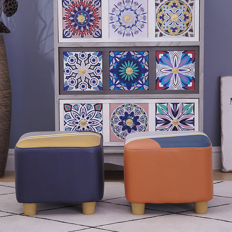 Contemporary Pouf Ottoman Fabric Upholstered Patchwork Solid Wood Frame Square Ottoman