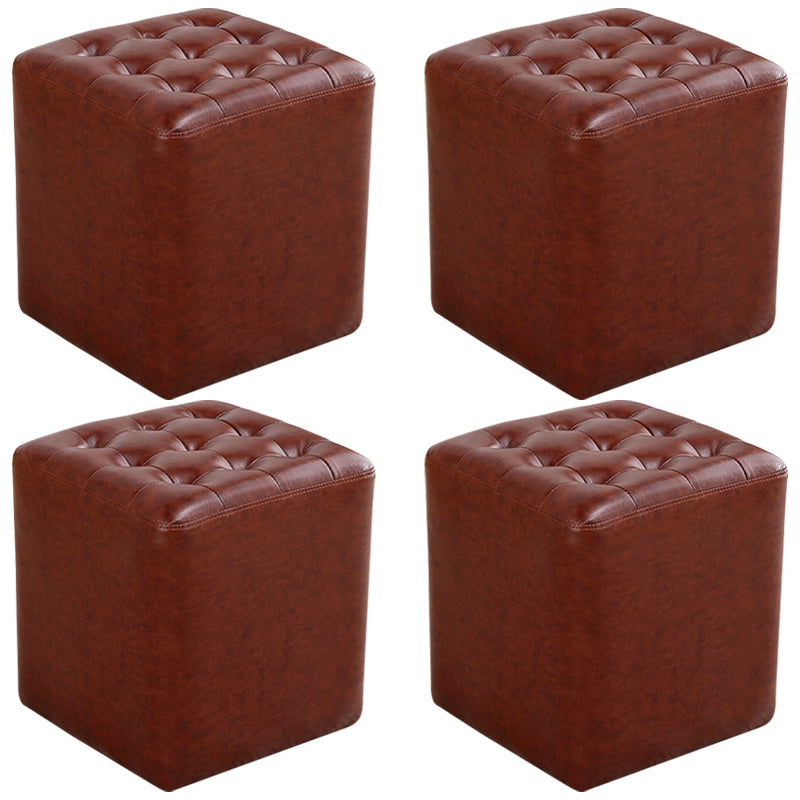 Mid-Century Modern Plain Boucle Square Pouf PU Leather Tufted Ottoman Footrest