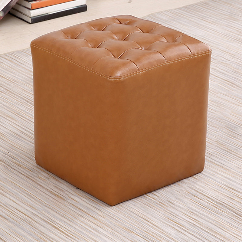 Mid-Century Modern Plain Boucle Square Pouf PU Leather Tufted Ottoman Footrest
