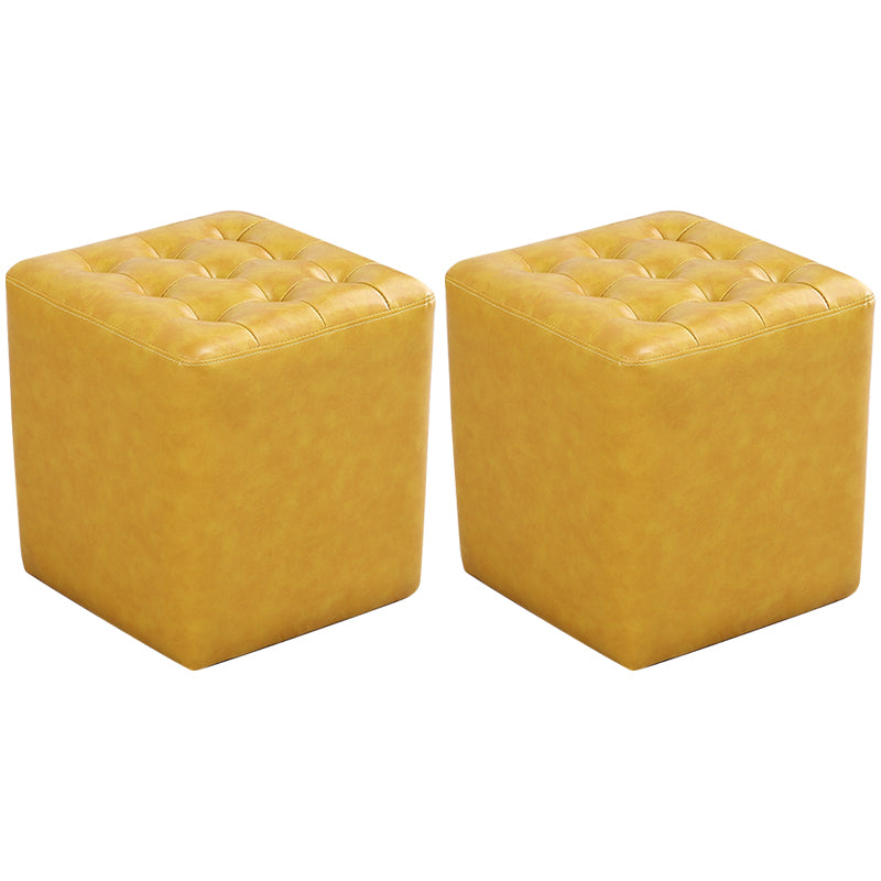 Mid-Century Modern Plain Boucle Square Pouf PU Leather Tufted Ottoman Footrest