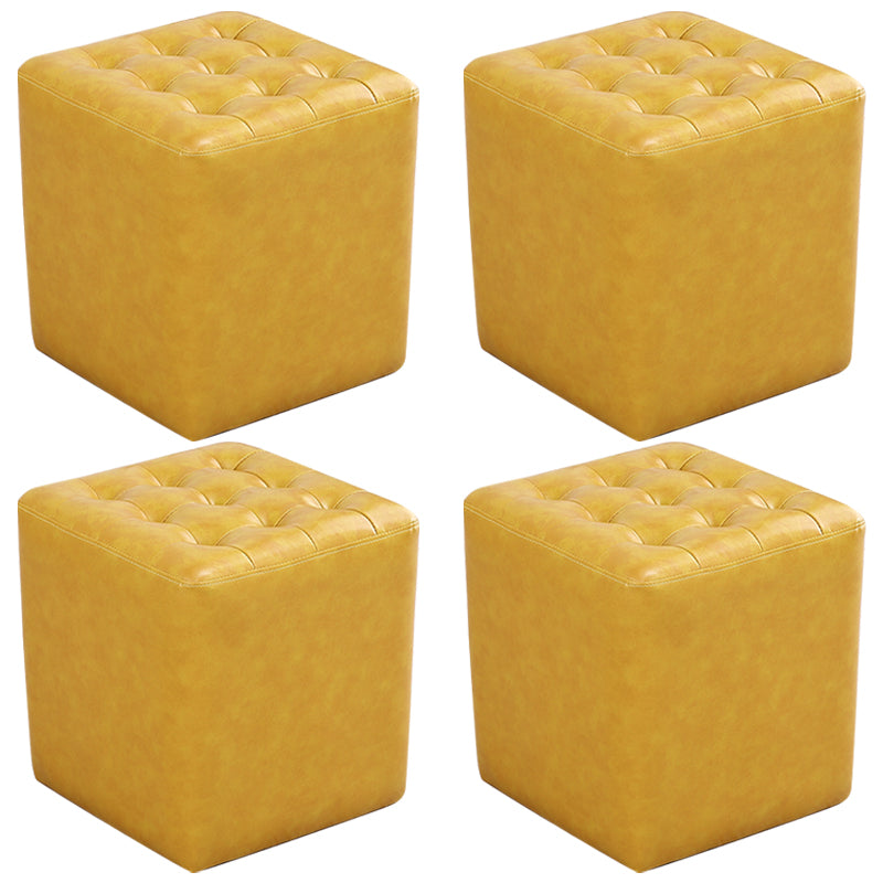 Mid-Century Modern Plain Boucle Square Pouf PU Leather Tufted Ottoman Footrest