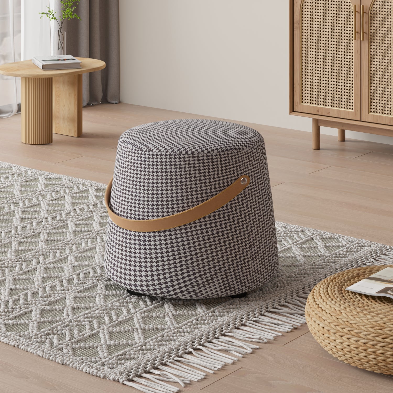 Stylish Round Ottoman Pure Color Faux Leather Water Resistant Standard Ottoman