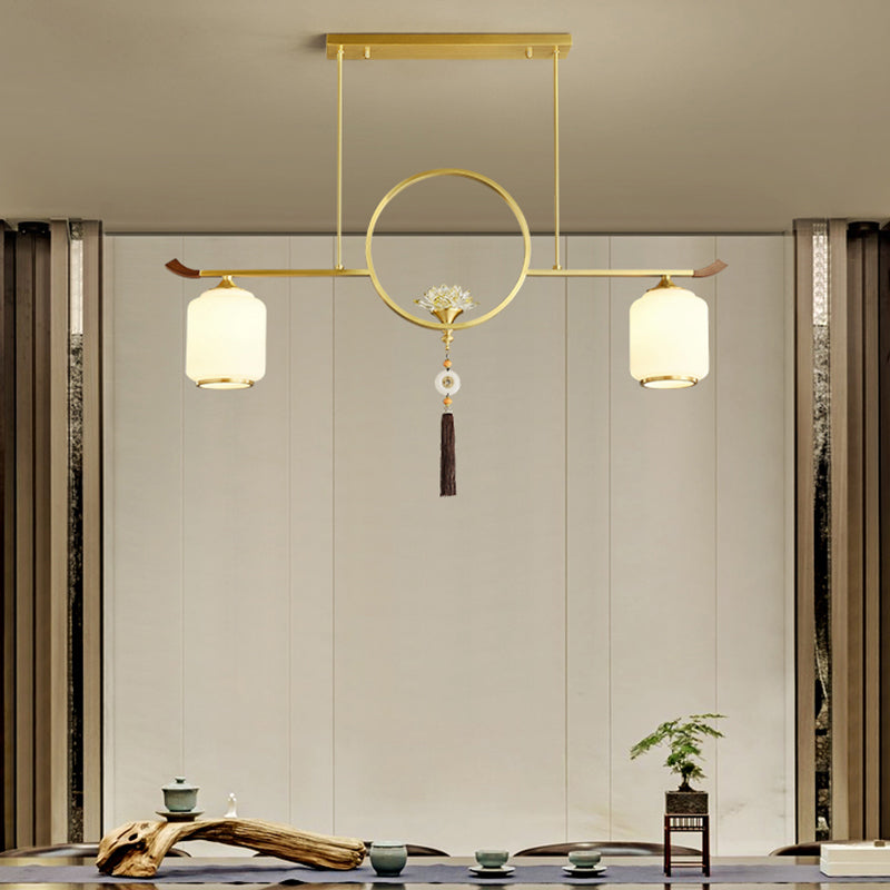 Modern Style Cylindrical Shape Island Lights White Glass 2-light Island Lighting in Gold
