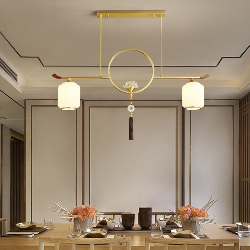 Modern Style Cylindrical Shape Island Lights White Glass 2-light Island Lighting in Gold