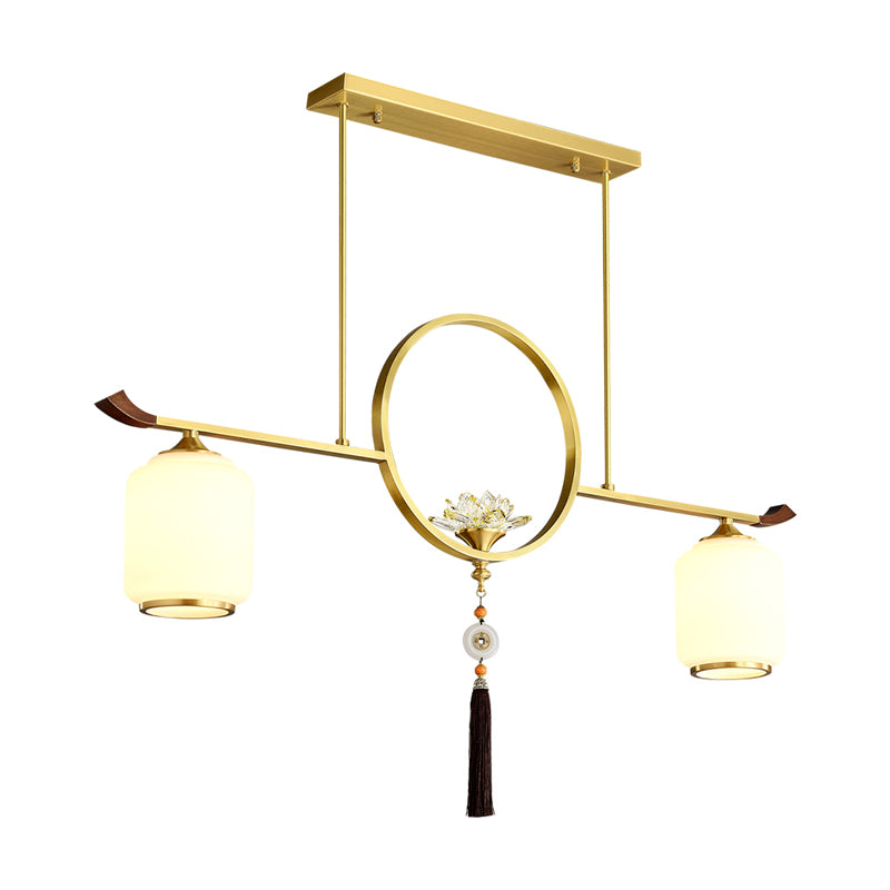 Modern Style Cylindrical Shape Island Lights White Glass 2-light Island Lighting in Gold