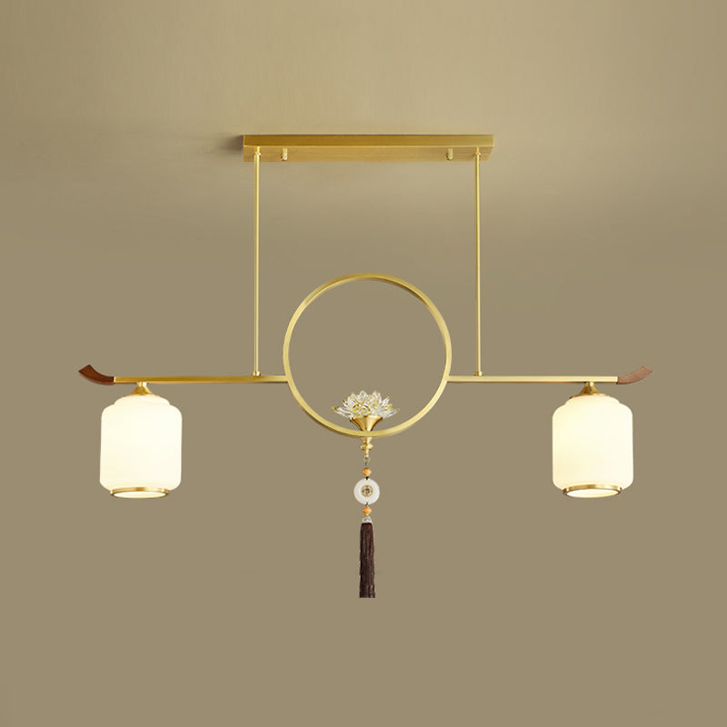 Modern Style Cylindrical Shape Island Lights White Glass 2-light Island Lighting in Gold