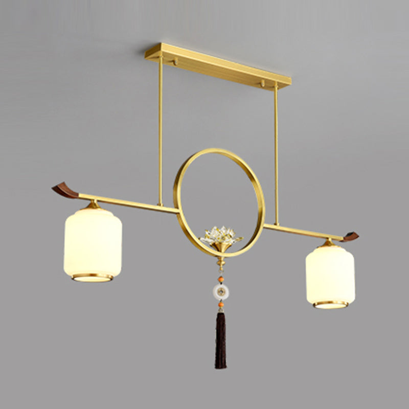 Modern Style Cylindrical Shape Island Lights White Glass 2-light Island Lighting in Gold