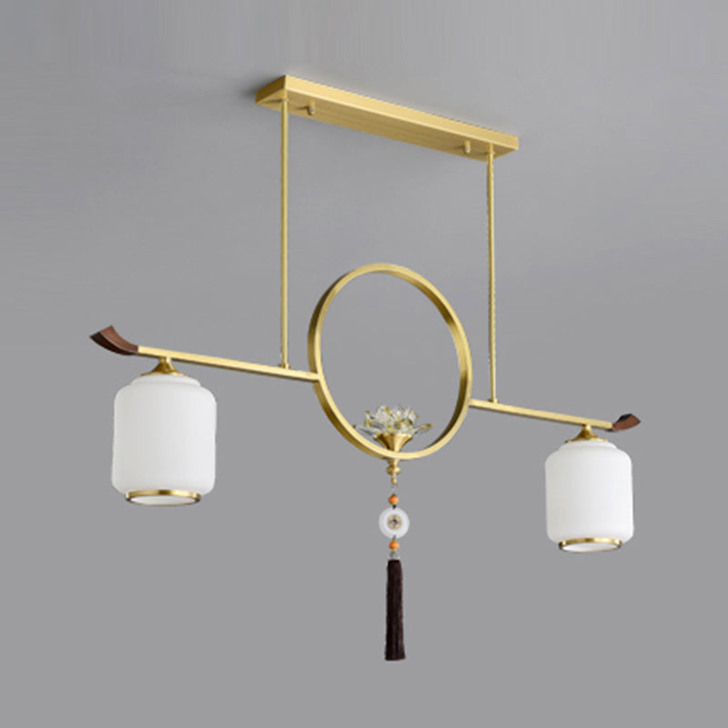 Modern Style Cylindrical Shape Island Lights White Glass 2-light Island Lighting in Gold