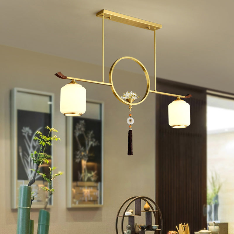 Modern Style Cylindrical Shape Island Lights White Glass 2-light Island Lighting in Gold