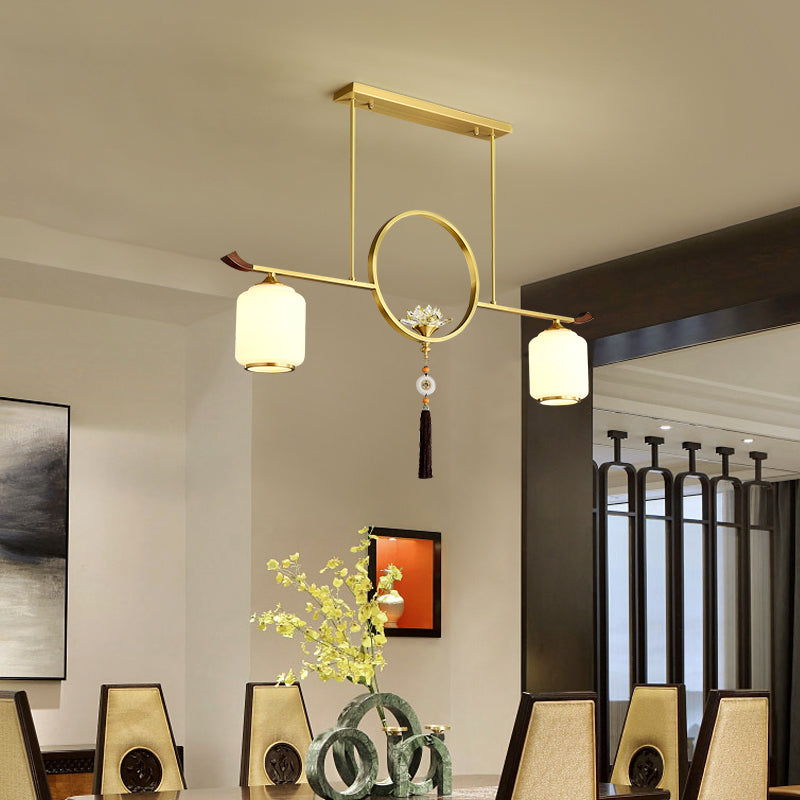 Modern Style Cylindrical Shape Island Lights White Glass 2-light Island Lighting in Gold