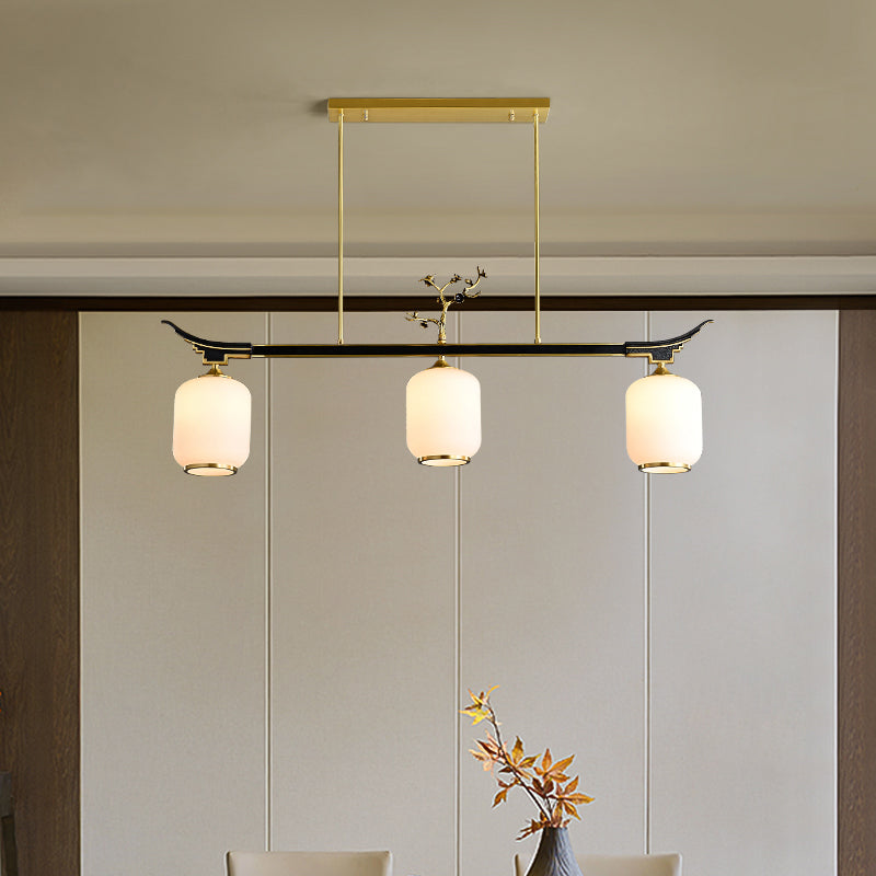 Modern Style Cylindrical Shape Island Lights White Glass 3-light Pendant Lights in Gold