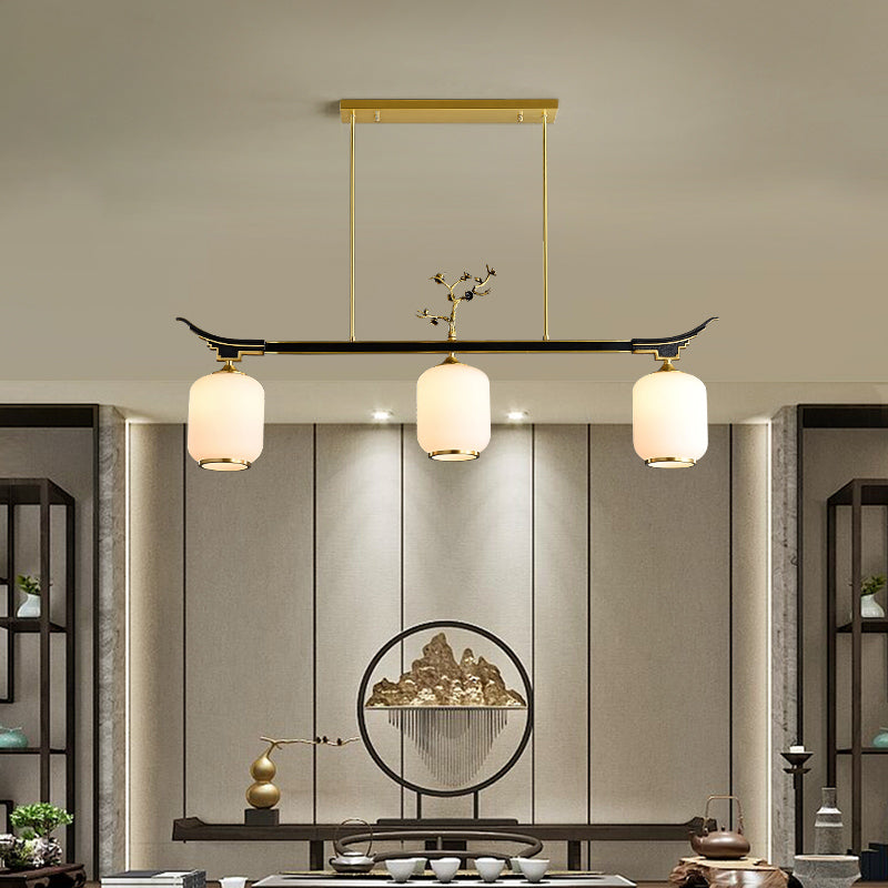 Modern Style Cylindrical Shape Island Lights White Glass 3-light Pendant Lights in Gold
