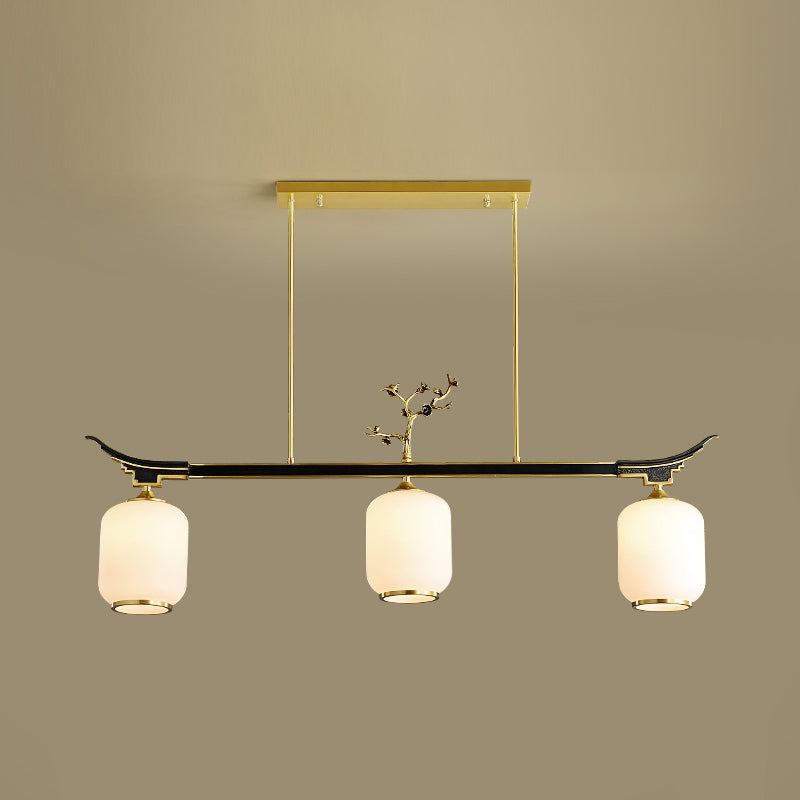 Modern Style Cylindrical Shape Island Lights White Glass 3-light Pendant Lights in Gold