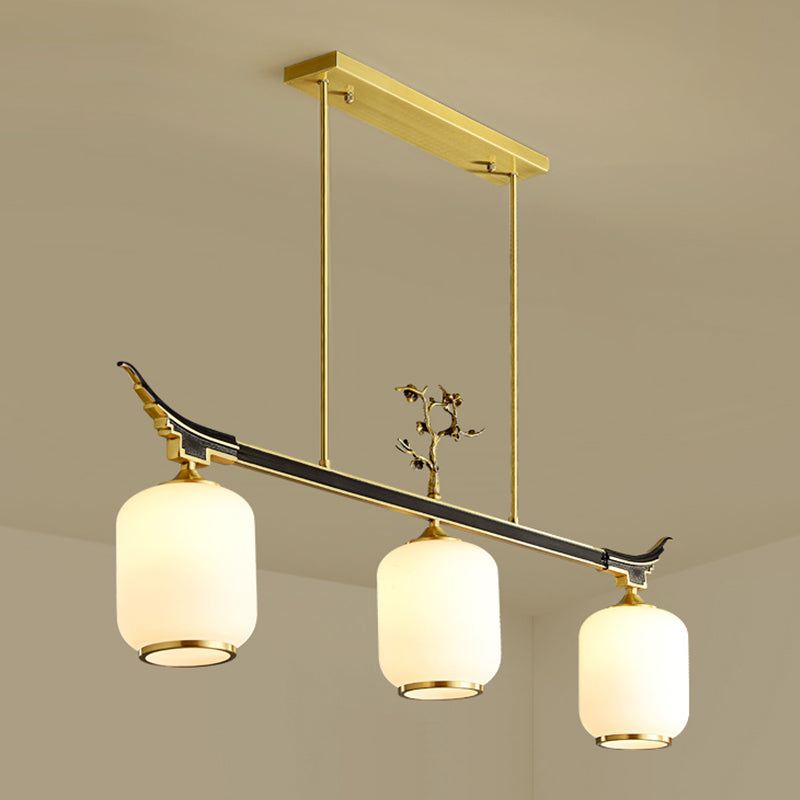 Modern Style Cylindrical Shape Island Lights White Glass 3-light Pendant Lights in Gold