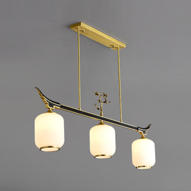 Modern Style Cylindrical Shape Island Lights White Glass 3-light Pendant Lights in Gold