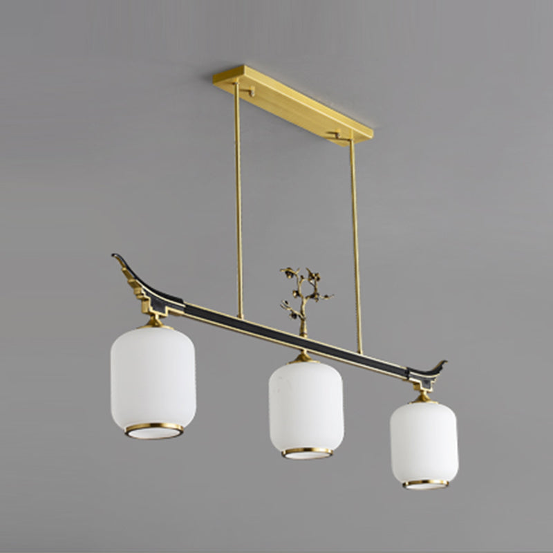 Modern Style Cylindrical Shape Island Lights White Glass 3-light Pendant Lights in Gold