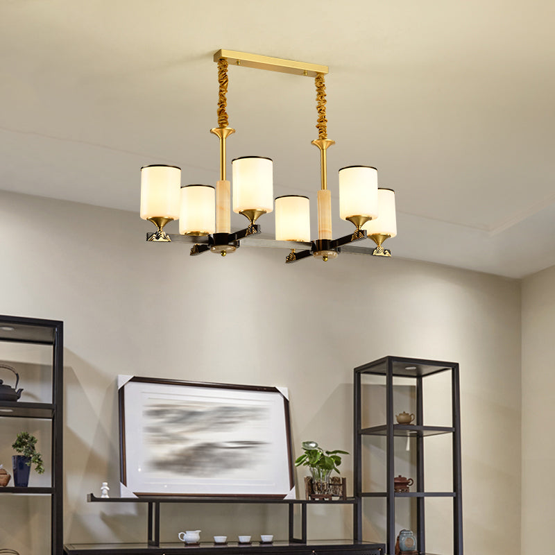 Modern Style Cylindrical Shape Island Lights White Glass 6-light Pendant Lights in Gold