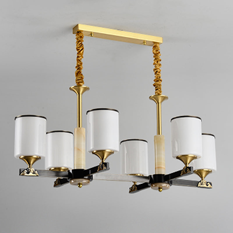 Modern Style Cylindrical Shape Island Lights White Glass 6-light Pendant Lights in Gold
