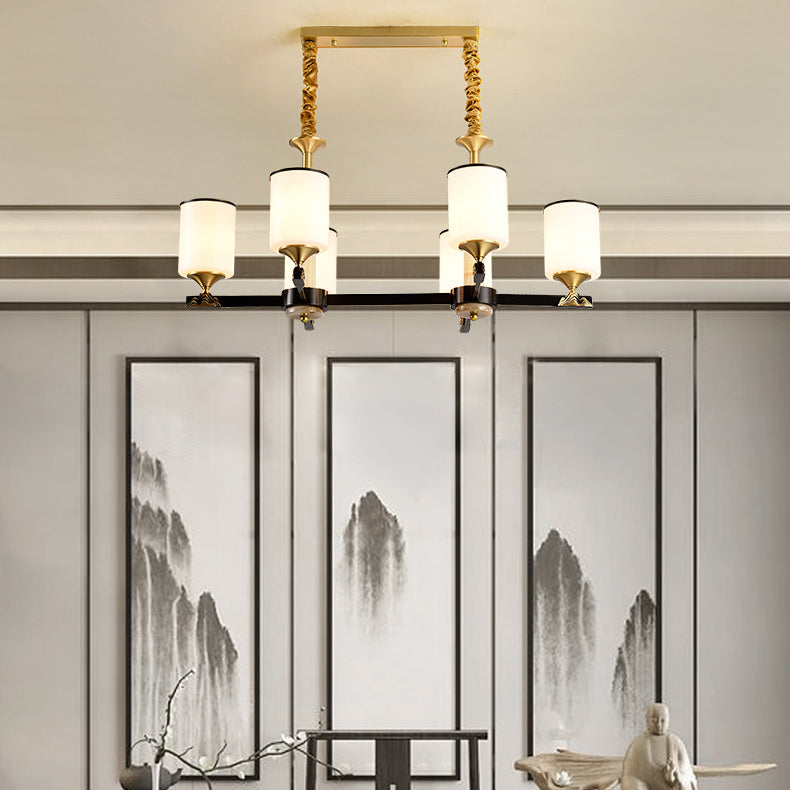 Modern Style Cylindrical Shape Island Lights White Glass 6-light Pendant Lights in Gold