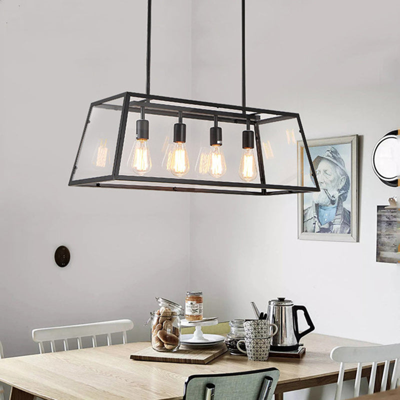 Industrial Glass Island Light Black 4 Lights Island Pendant for Restaurant
