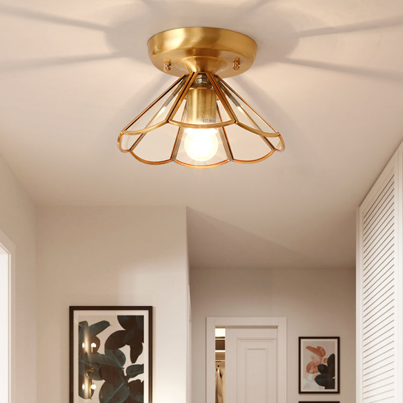 Colonial Tapered Flush Light Glass 1 Light Flush Mount Ceiling Fixture in Gold