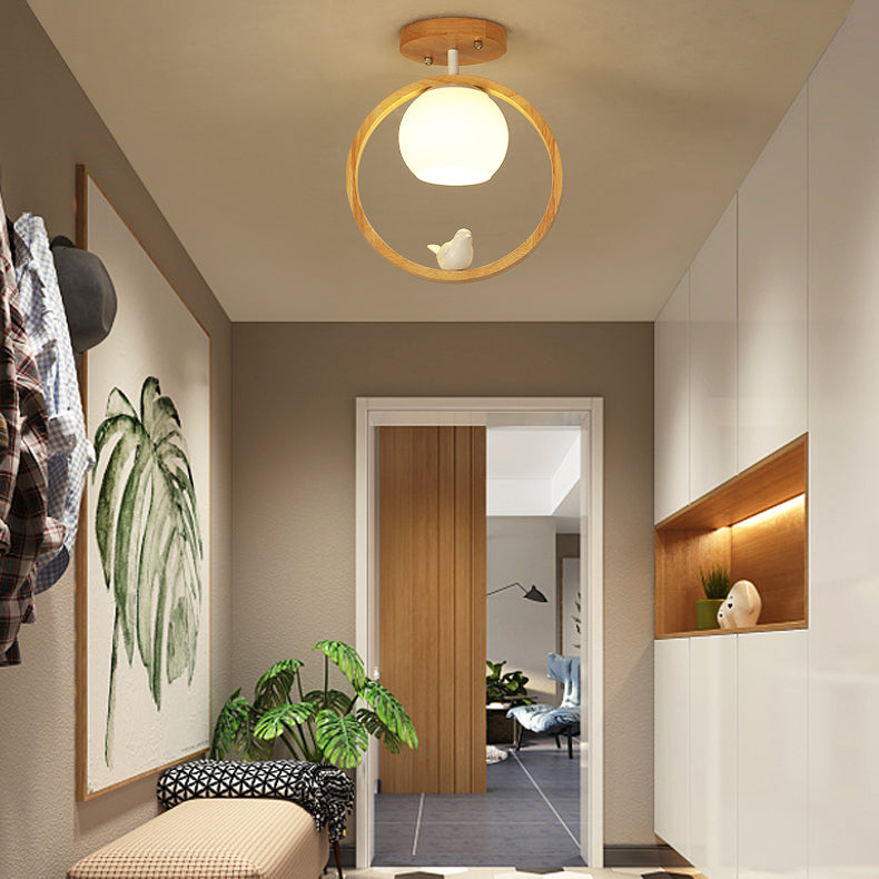 Contemporary Globe Flush Light Fixture Wood 1 Light Flush Mount Ceiling Fixture in Brown