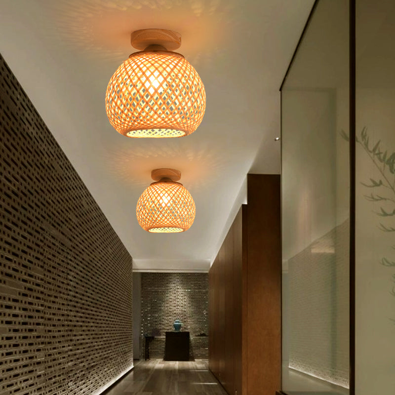 Asia Sphere Ceiling Flush Mount Bamboo Ceiling Mounted Fixture in Beige
