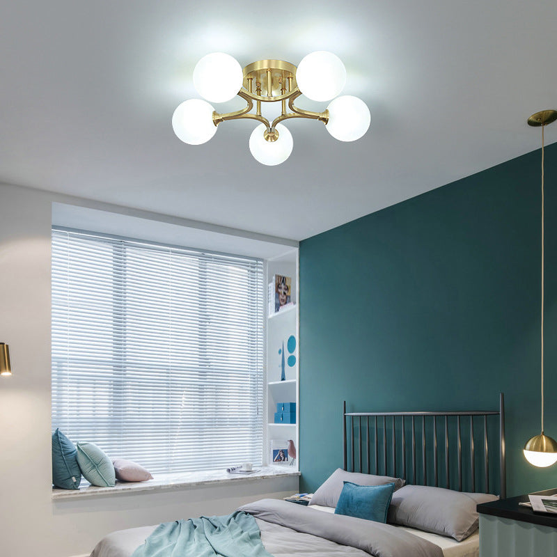 Sphere Bedroom Semi Flush Mount Light Glass Nordic Style Ceiling Light in Gold