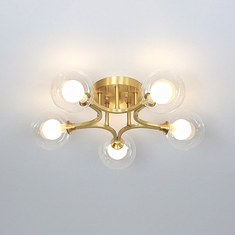 Sphere Bedroom Semi Flush Mount Light Glass Nordic Style Ceiling Light in Gold
