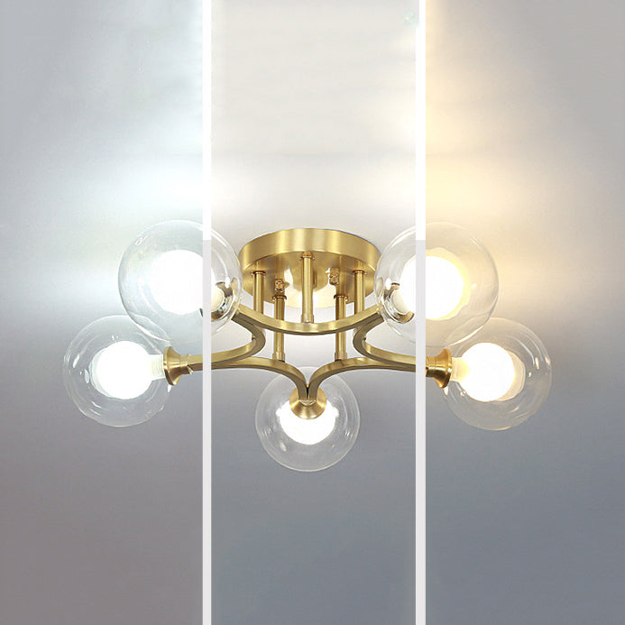 Sphere Bedroom Semi Flush Mount Light Glass Nordic Style Ceiling Light in Gold