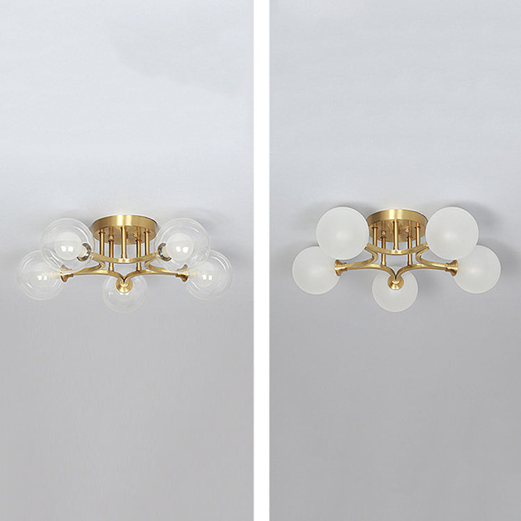 Sphere Bedroom Semi Flush Mount Light Glass Nordic Style Ceiling Light in Gold